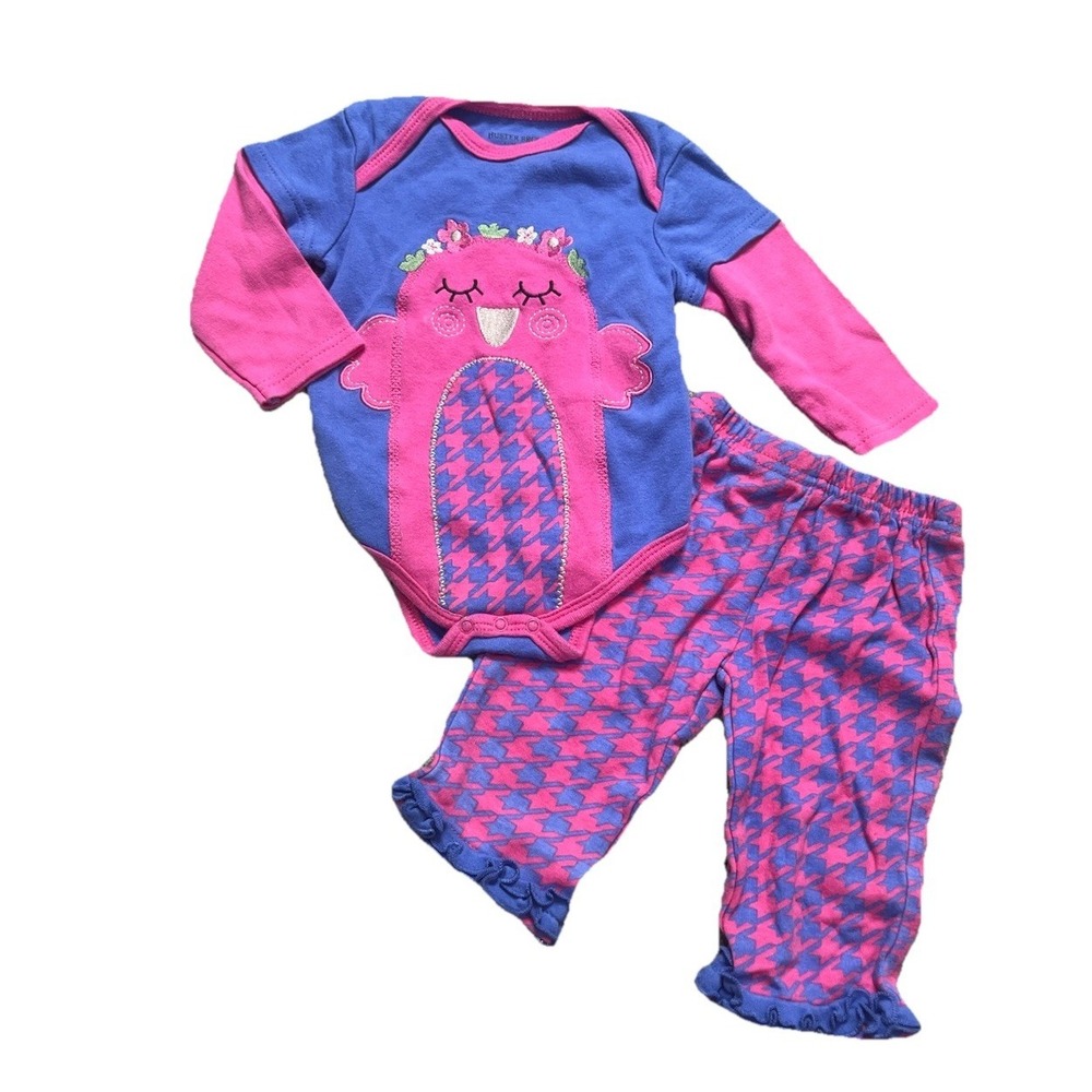 Buster‎ Brown Baby Girl Two Piece Outfit Owl Pink Blueish Purple Sz 6-9 Months